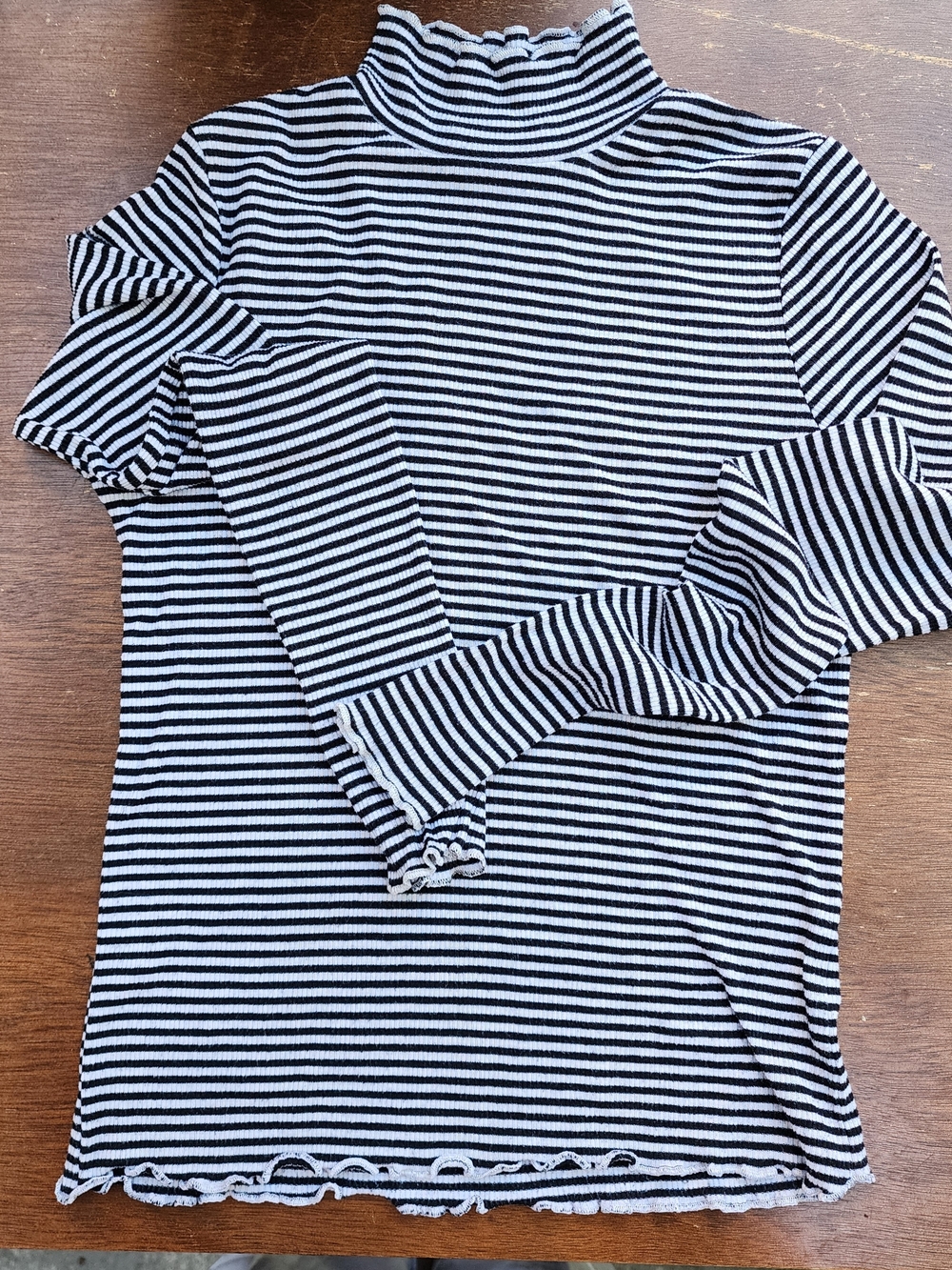 Derek Heart Striped Ribbed Mock Neck Top Lettuce Edge Trim Long Sleeve